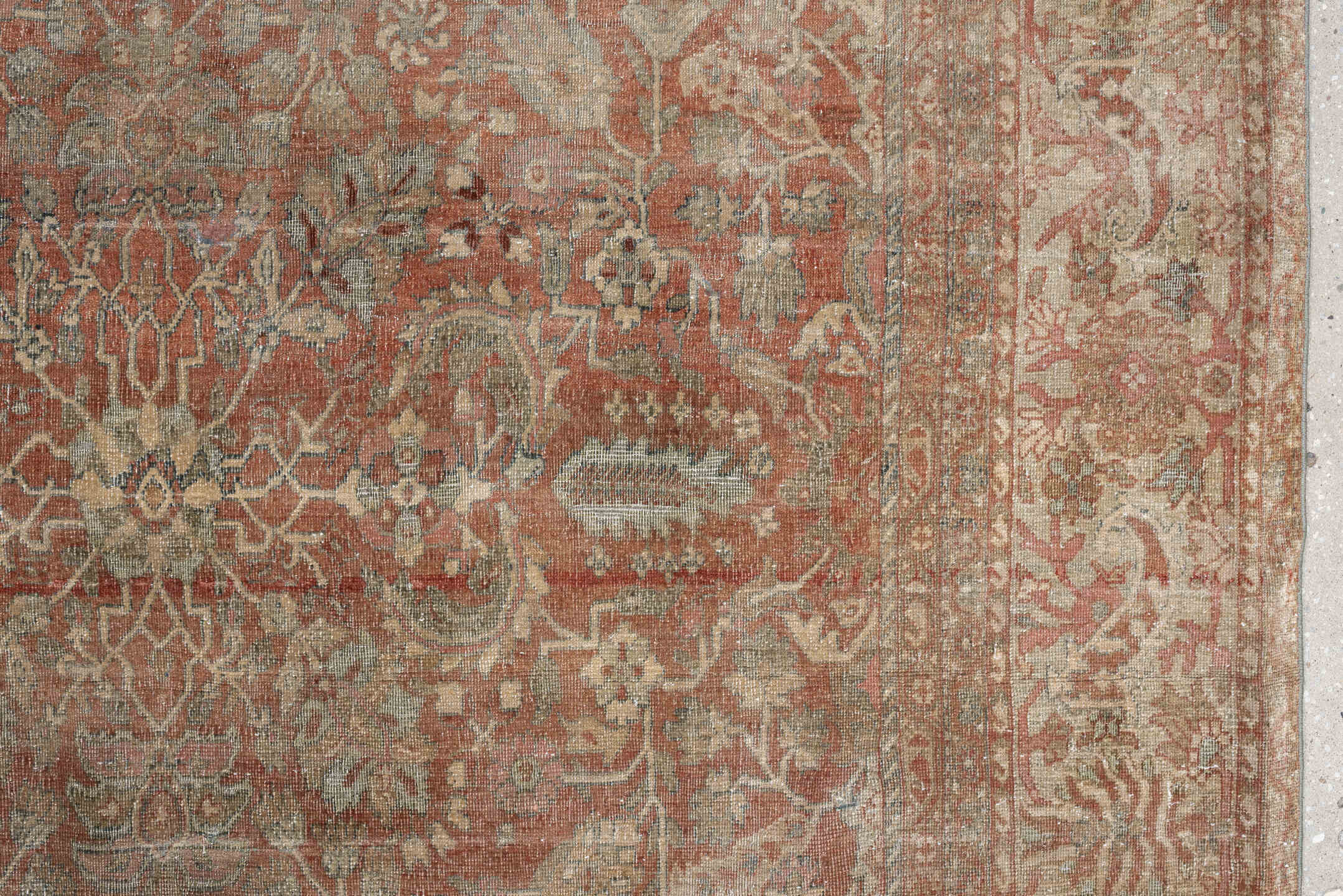 8' x 11' one-of-a-kind handmade vintage Far.Sarouk large size rug. Color palette: terracotta, ivory, sage, muted blue, taupe