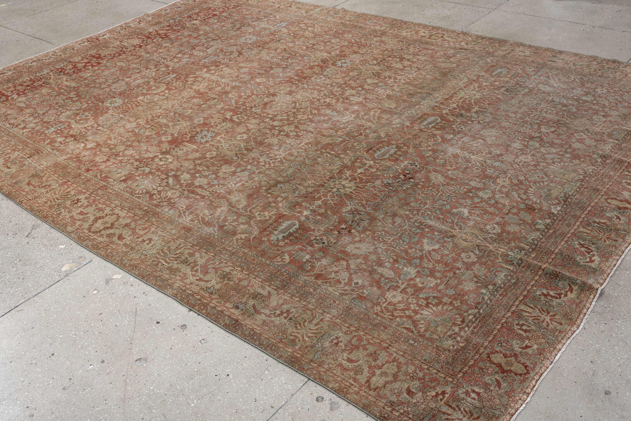 8' x 11' one-of-a-kind handmade vintage Far.Sarouk large size rug. Color palette: terracotta, ivory, sage, muted blue, taupe