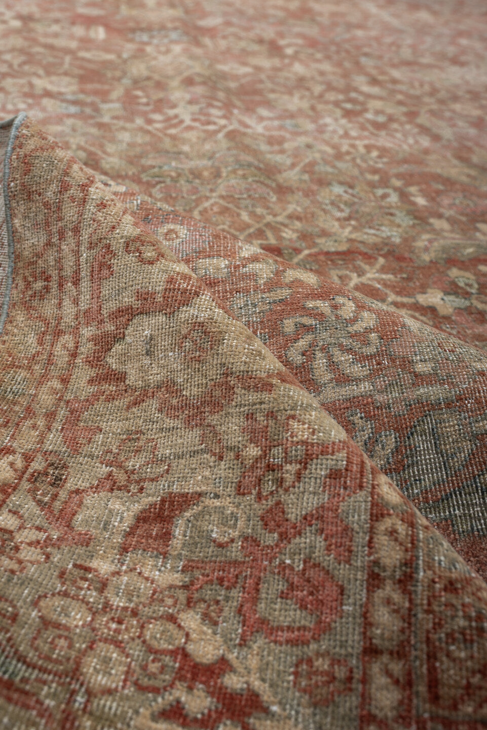 8' x 11' one-of-a-kind handmade vintage Far.Sarouk large size rug. Color palette: terracotta, ivory, sage, muted blue, taupe