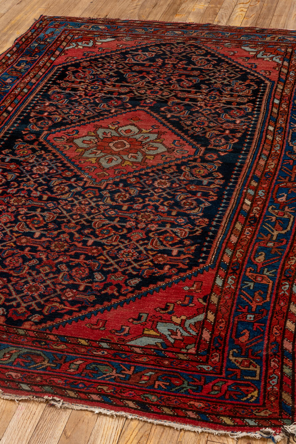 4' x 6' one-of-a-kind handmade vintage Malayer small size rug. Color palette: navy, coral, cobalt, rust, ivory, rose, camel