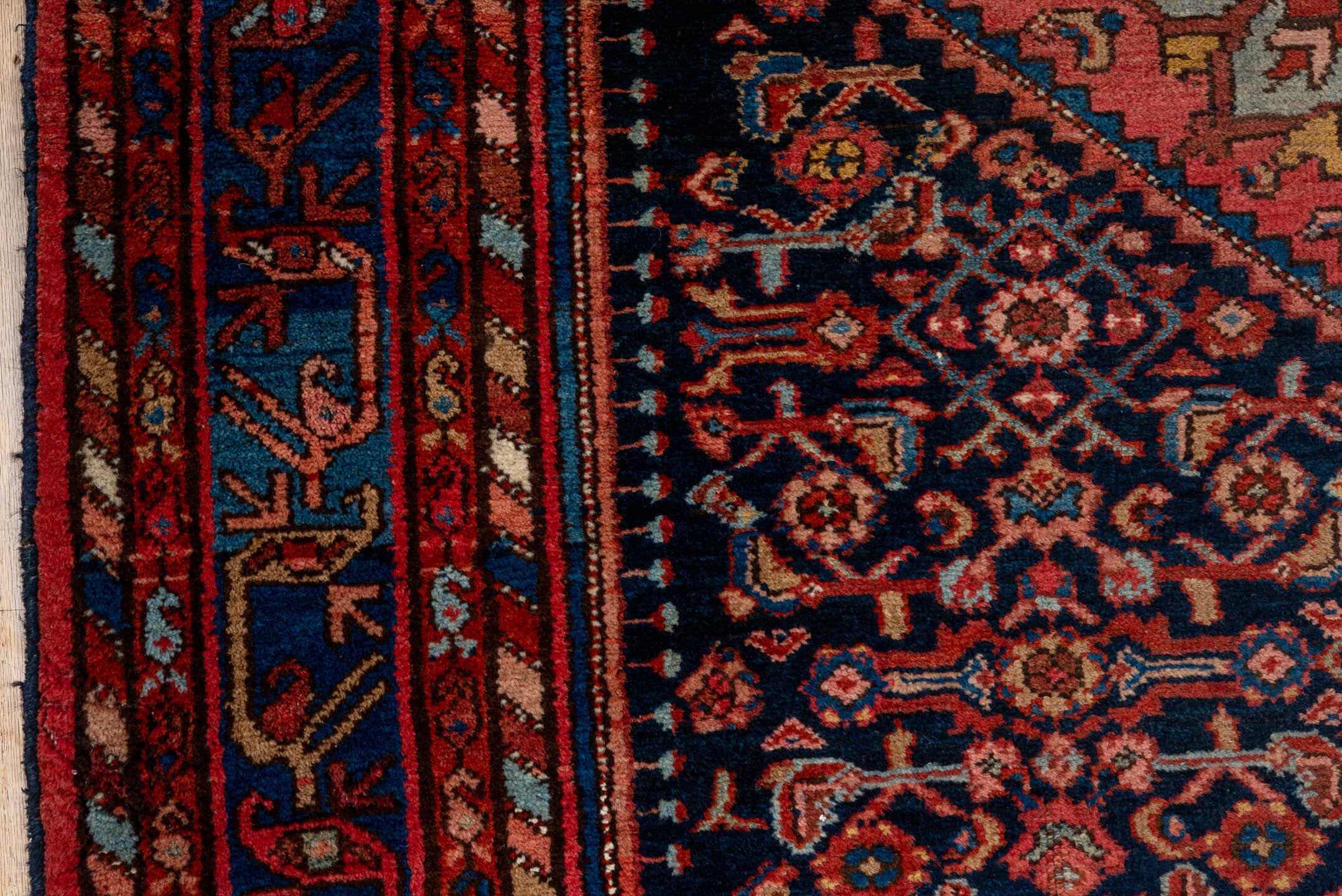 4' x 6' one-of-a-kind handmade vintage Malayer small size rug. Color palette: navy, coral, cobalt, rust, ivory, rose, camel