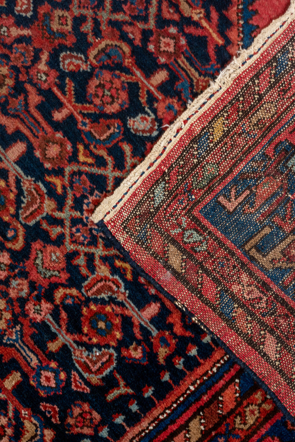 4' x 6' one-of-a-kind handmade vintage Malayer small size rug. Color palette: navy, coral, cobalt, rust, ivory, rose, camel