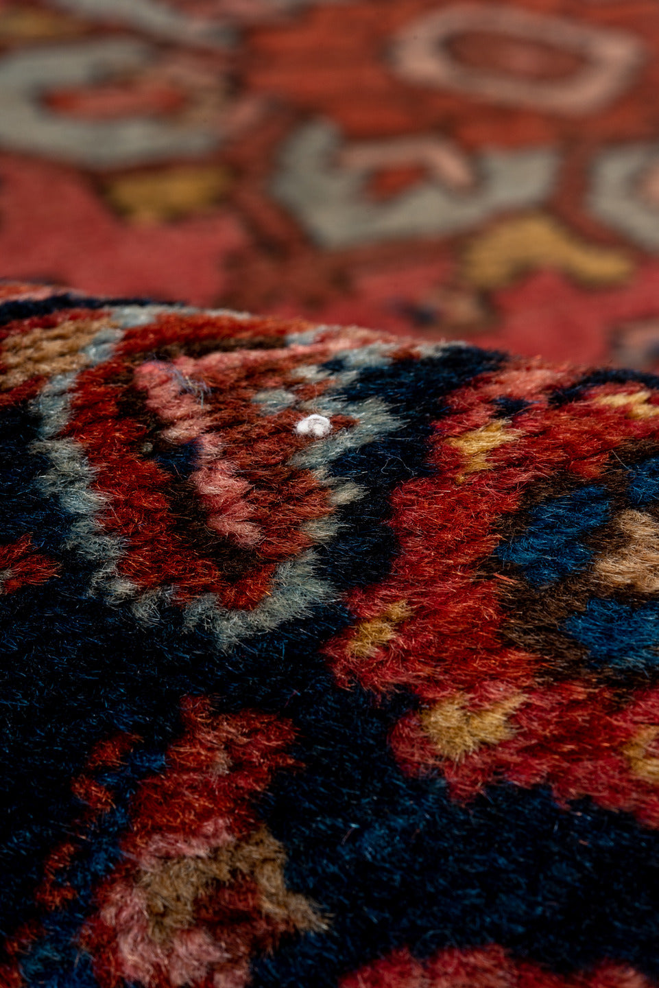 4' x 6' one-of-a-kind handmade vintage Malayer small size rug. Color palette: navy, coral, cobalt, rust, ivory, rose, camel