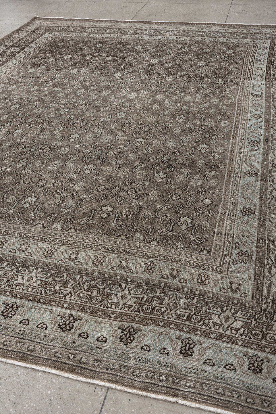 9' x 11' one-of-a-kind handmade antique Bibikabad large size rug. Color palette: taupe, ivory, brown, camel, charcoal, beige
