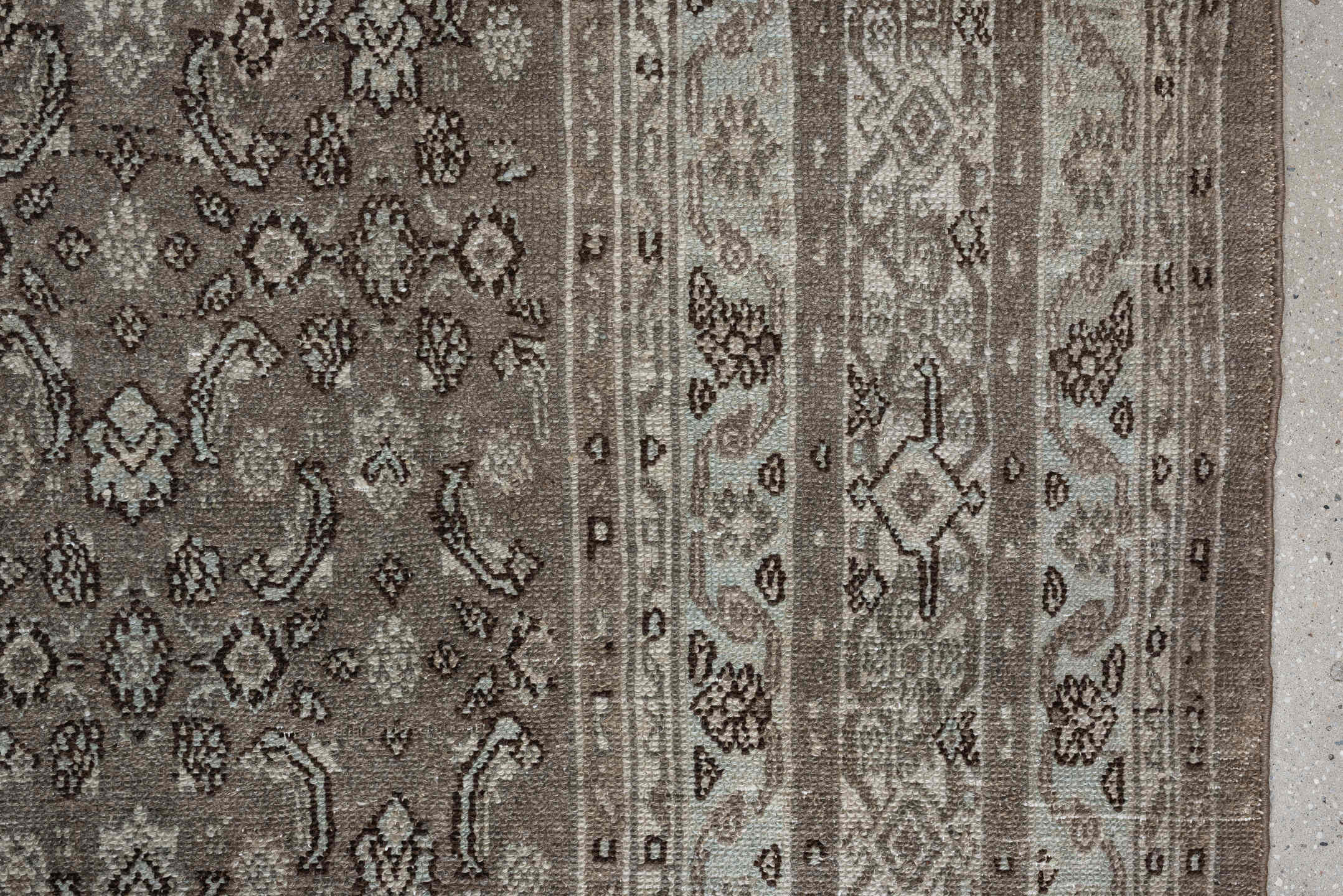 9' x 11' one-of-a-kind handmade antique Bibikabad large size rug. Color palette: taupe, ivory, brown, camel, charcoal, beige