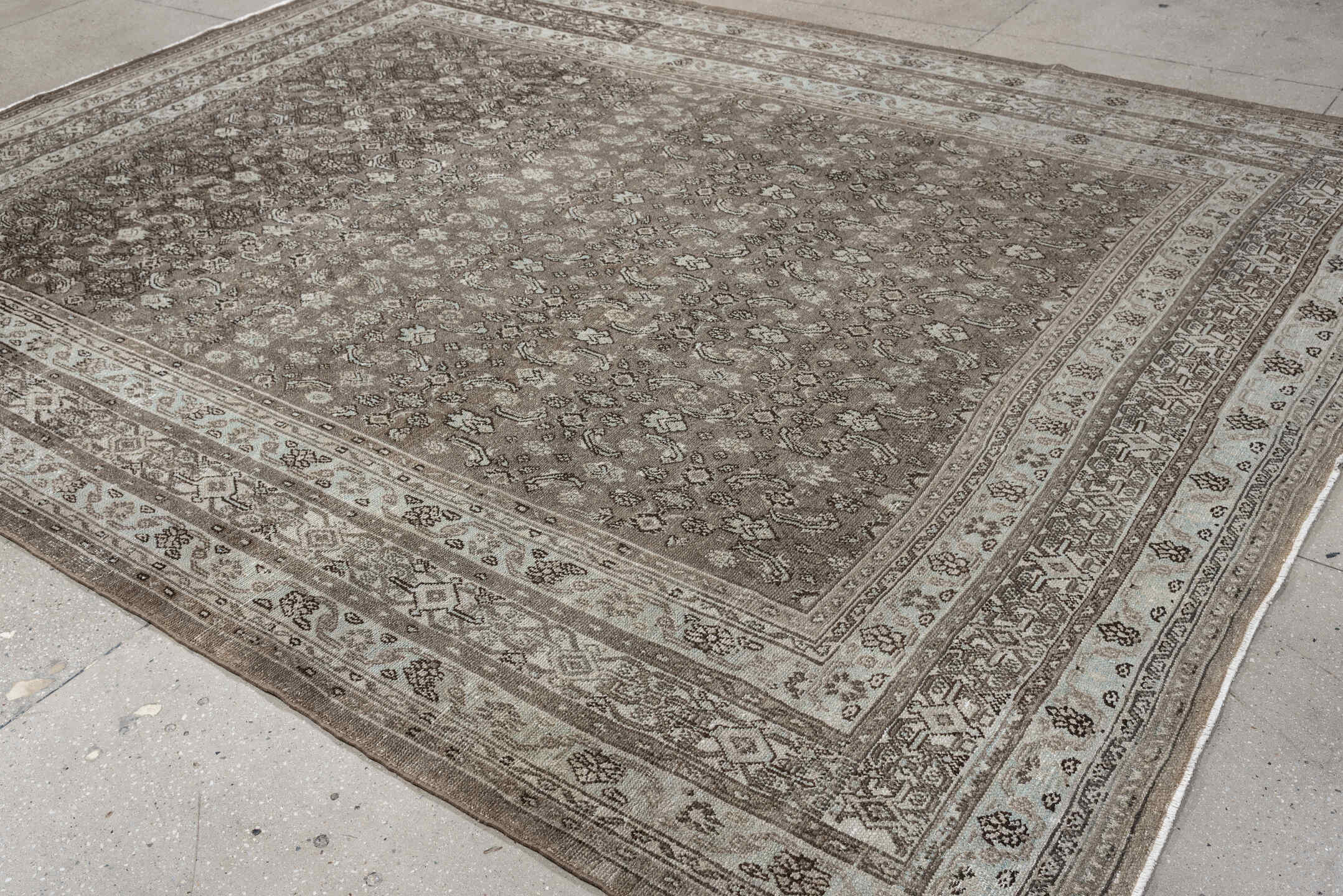 9' x 11' one-of-a-kind handmade antique Bibikabad large size rug. Color palette: taupe, ivory, brown, camel, charcoal, beige
