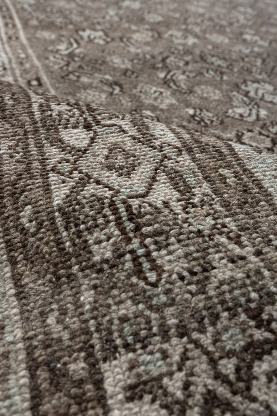 9' x 11' one-of-a-kind handmade antique Bibikabad large size rug. Color palette: taupe, ivory, brown, camel, charcoal, beige