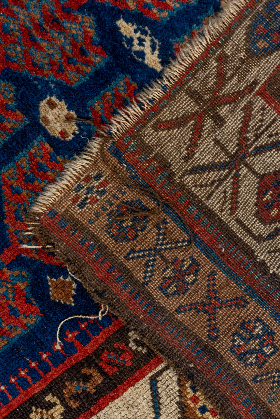 5' x 8' one-of-a-kind handmade vintage Kurd medium size rug. Color palette: blue, brown, dim gray, gray, pink, red