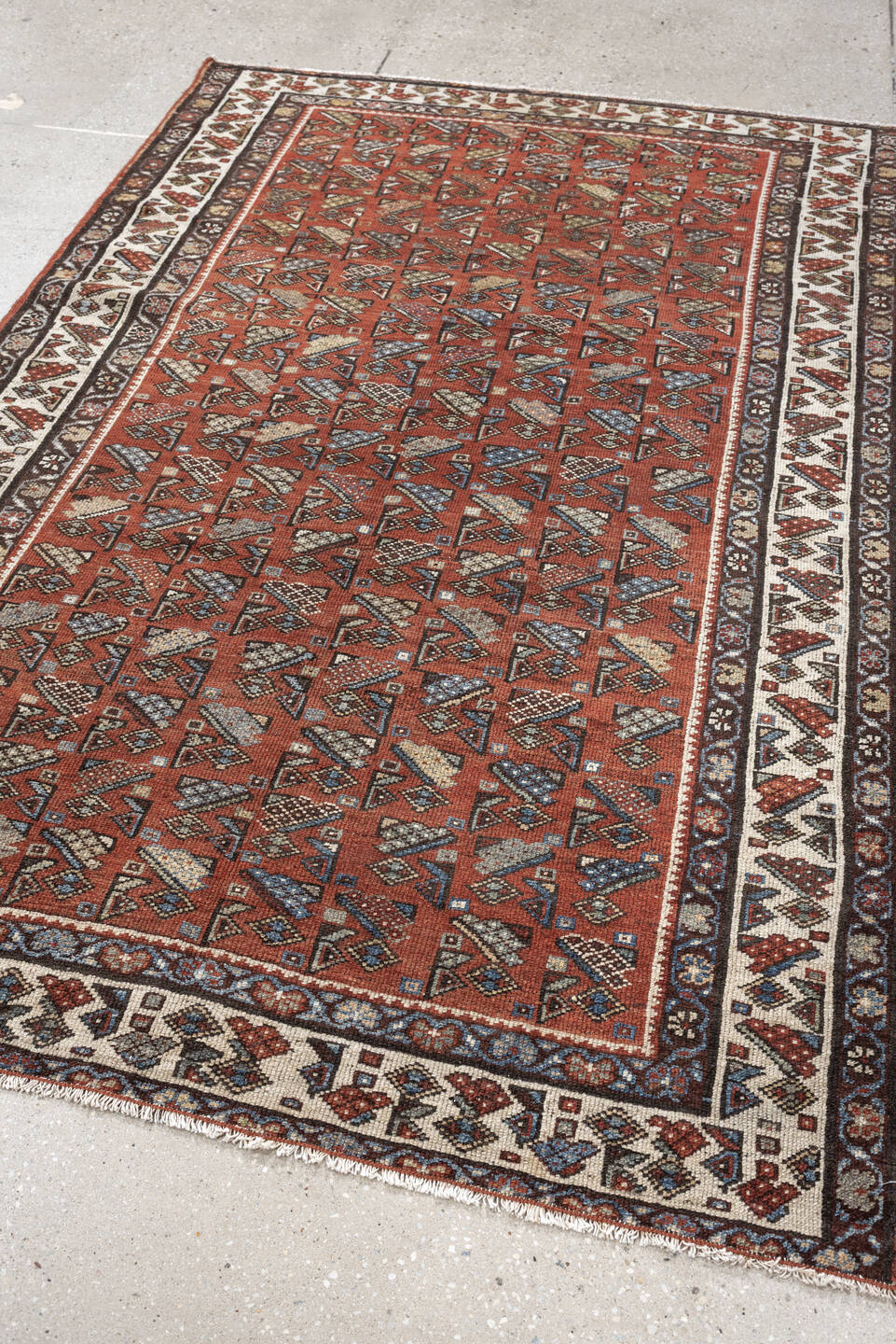 4' x 6' one-of-a-kind handmade antique Malayer small size rug. Color palette: rust, ivory, dark brown, slate blue, camel