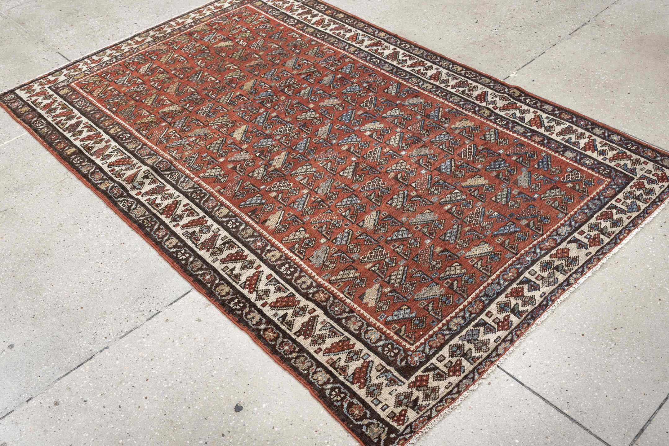 4' x 6' one-of-a-kind handmade antique Malayer small size rug. Color palette: rust, ivory, dark brown, slate blue, camel