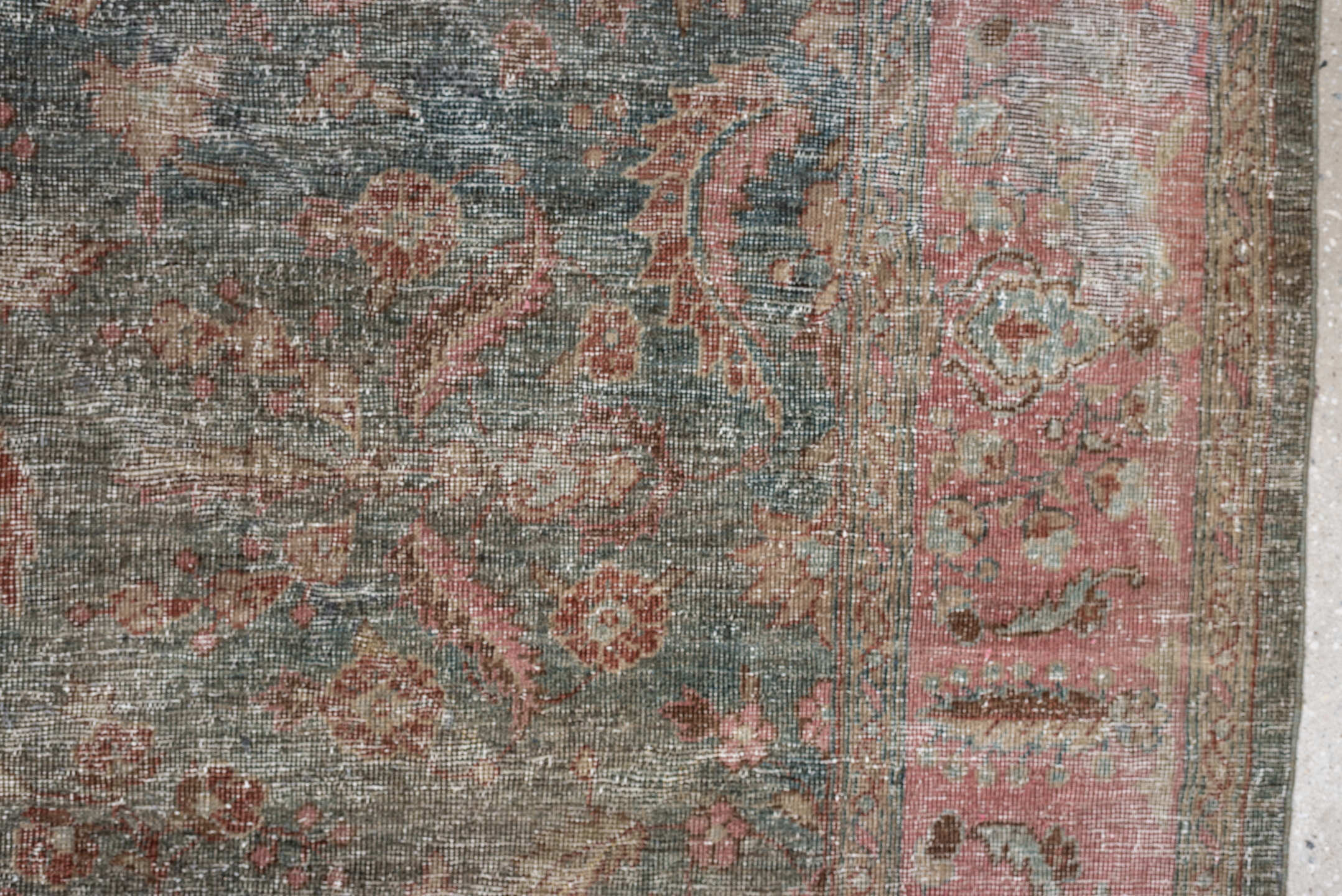 6' x 9' one-of-a-kind handmade antique Mahal medium size rug. Color palette: slate, rose, terracotta, taupe, ivory, charcoal