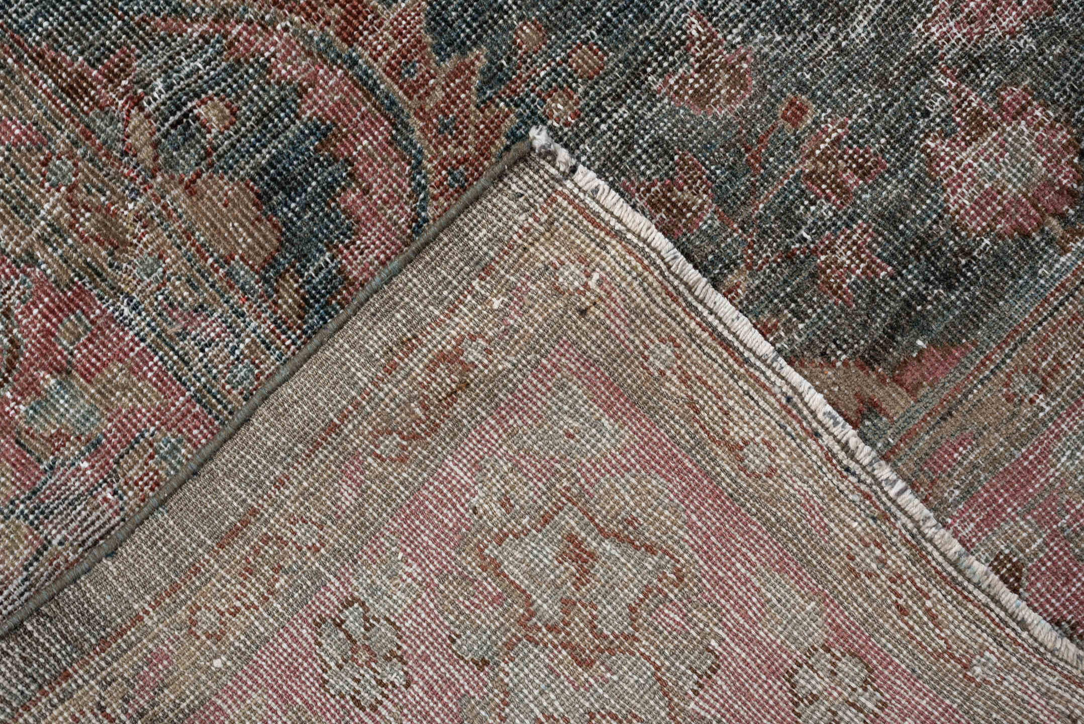 6' x 9' one-of-a-kind handmade antique Mahal medium size rug. Color palette: slate, rose, terracotta, taupe, ivory, charcoal