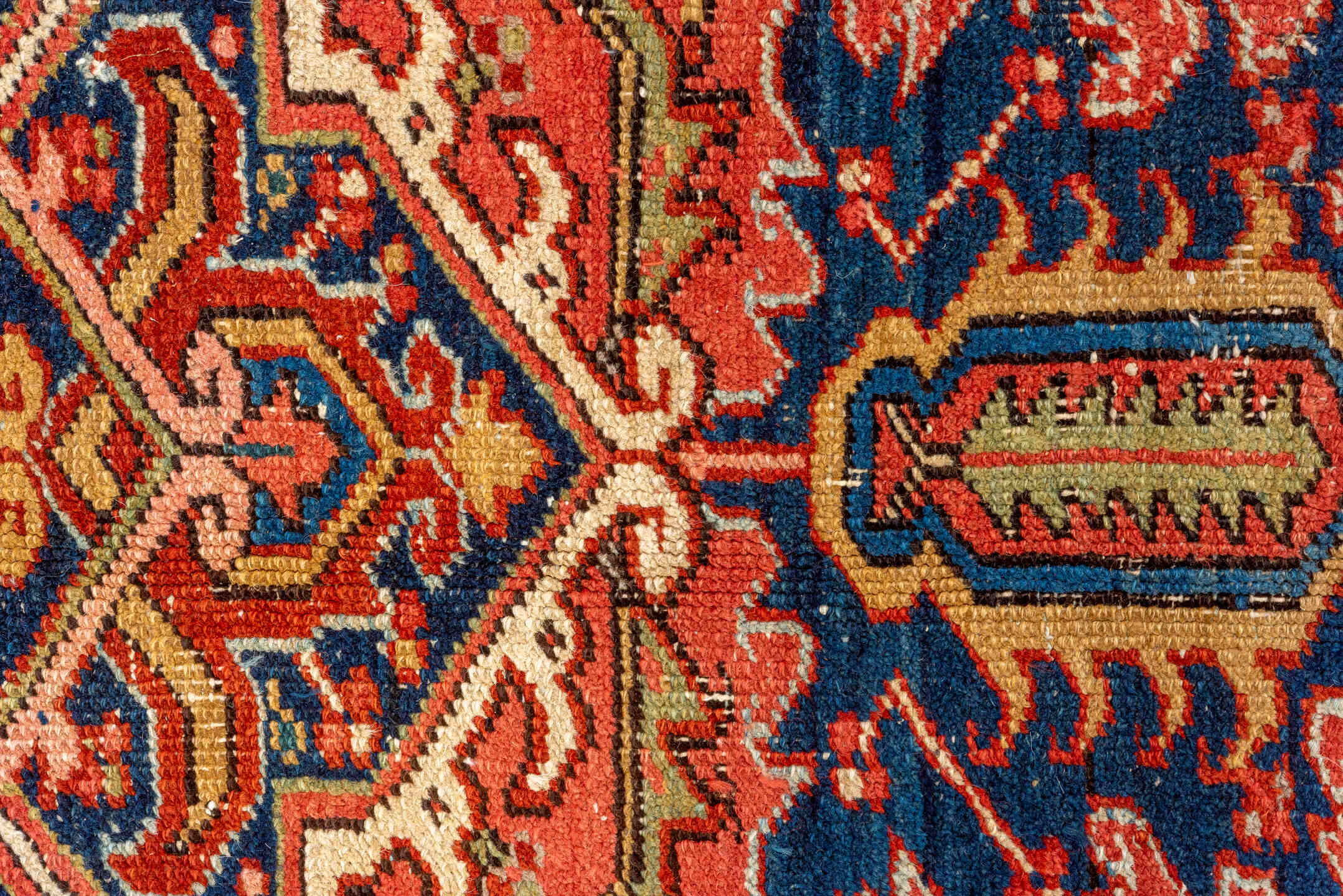 5' x 8' one-of-a-kind handmade vintage Heriz medium size rug. Color palette: arapawa, blue, brown, gray, orange, pink, red