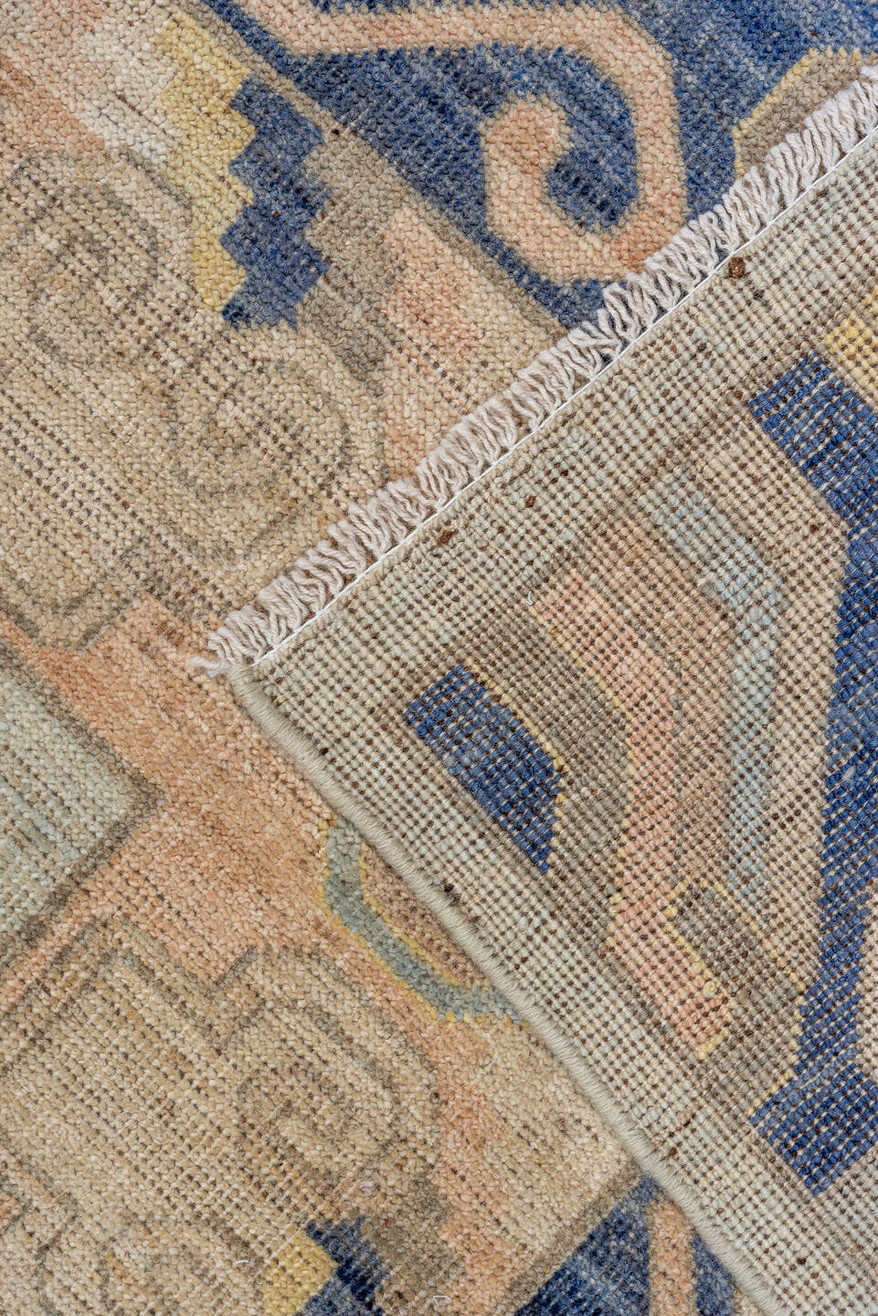 10' x 14' one-of-a-kind handmade vintage Khotan large size rug. Color palette: pale blue, ivory, navy, blush, beige, gold
