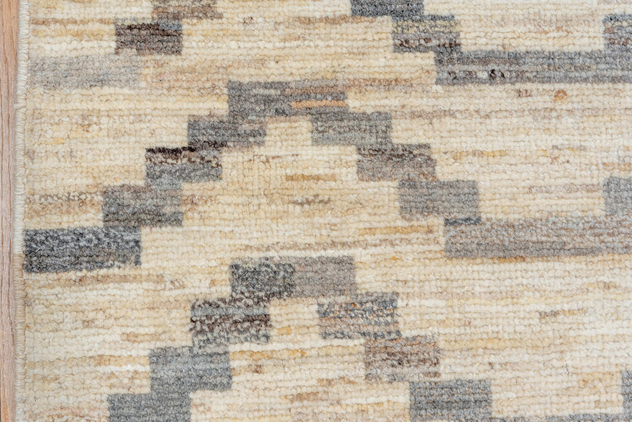 8' x 9' one-of-a-kind handmade vintage Afghan rug. Color palette: brown, dark gray, dim gray, gray, light gray, linen