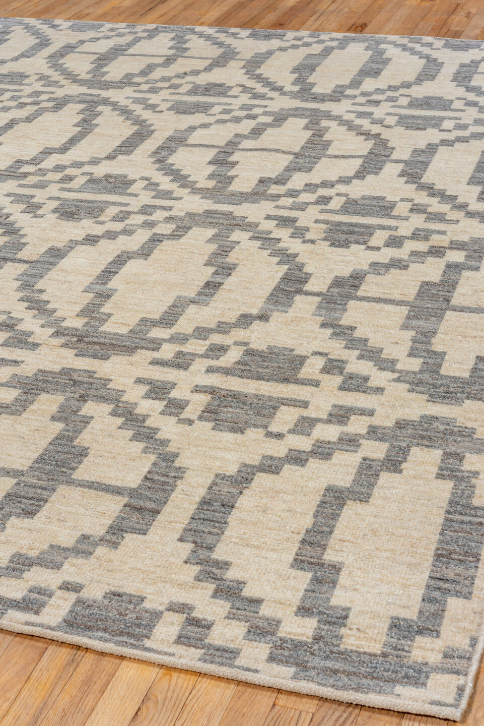 8' x 9' one-of-a-kind handmade vintage Afghan rug. Color palette: ivory, gray, cream, taupe, beige