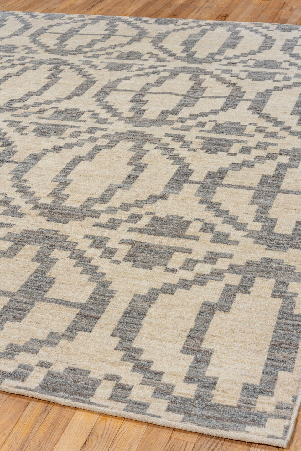 8' x 9' one-of-a-kind handmade vintage Afghan rug. Color palette: brown, dark gray, dim gray, gray, light gray, off-white