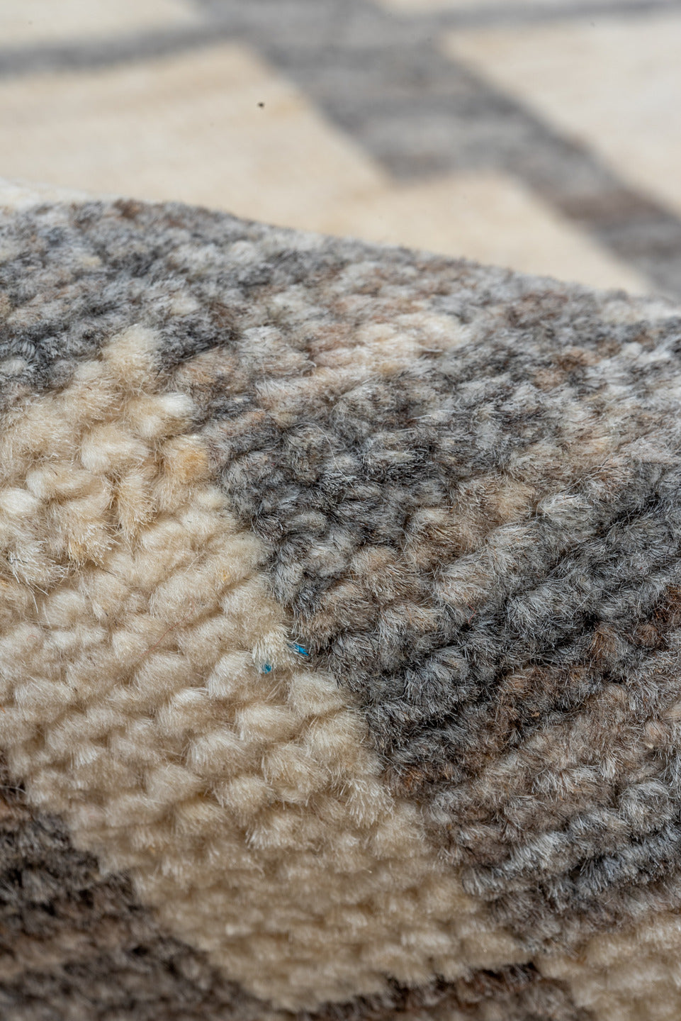 8' x 9' one-of-a-kind handmade vintage Afghan rug. Color palette: brown, dark gray, dim gray, gray, light gray, off-white