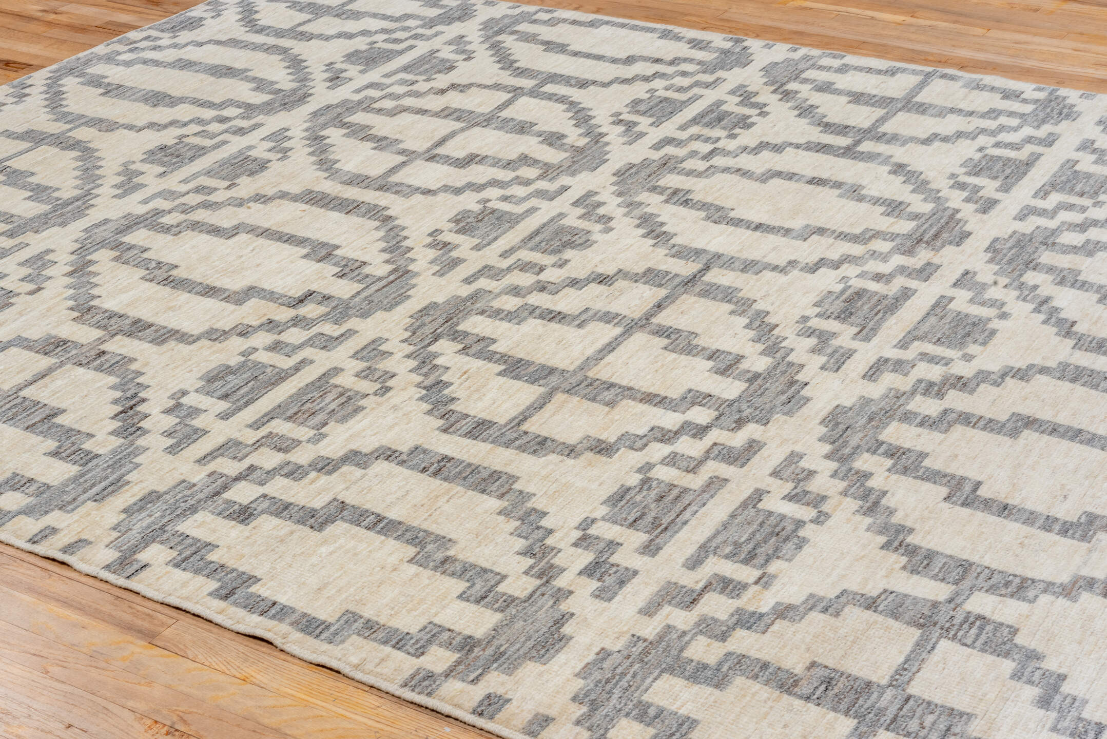8' x 9' one-of-a-kind handmade vintage Afghan rug. Color palette: brown, dark gray, dim gray, gray, light gray, off-white