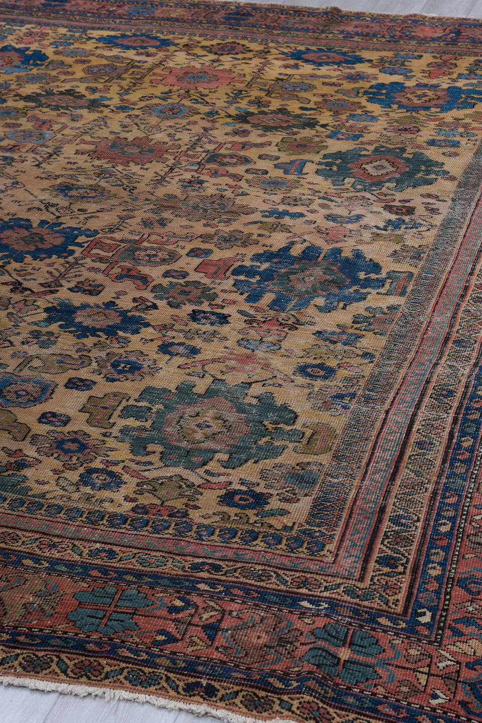 10' x 11' one-of-a-kind handmade vintage Mahal large size rug. Color palette: ivory, indigo, rose, muted blue, taupe, rust