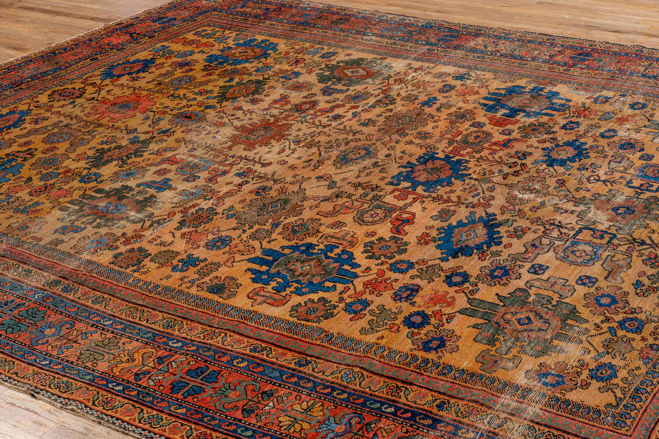 10' x 11' one-of-a-kind handmade vintage Mahal large size rug. Color palette: ivory, indigo, rose, muted blue, taupe, rust