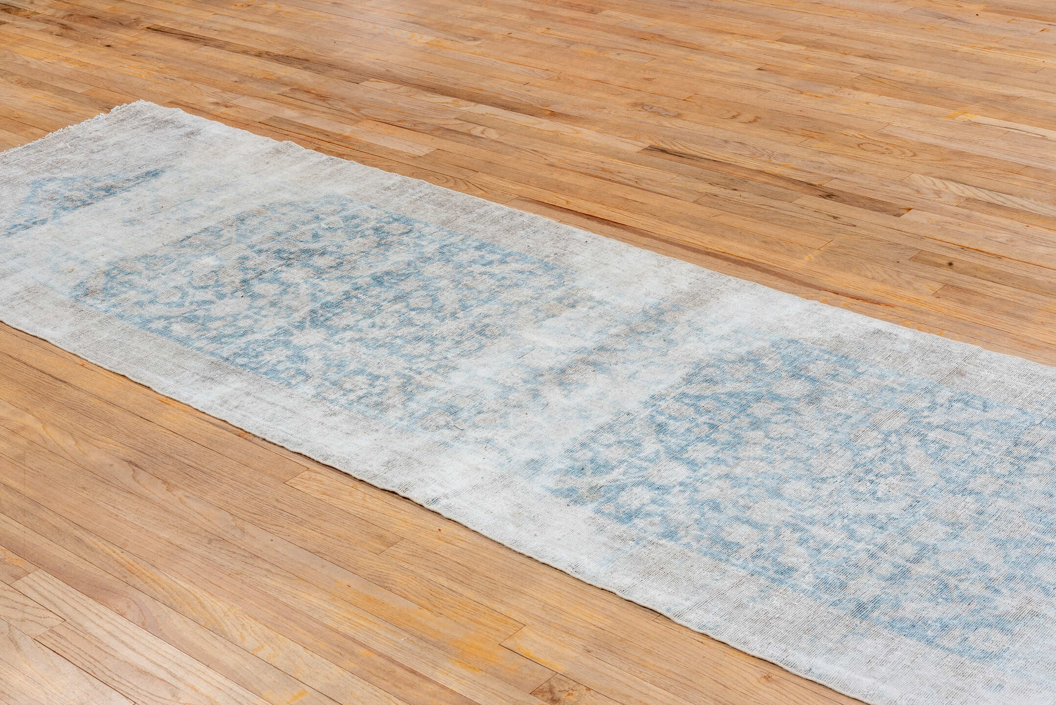 3' x 12' one-of-a-kind handmade antique Malayer runner rug. Color palette: ivory, sky blue, taupe, cream, pale gray