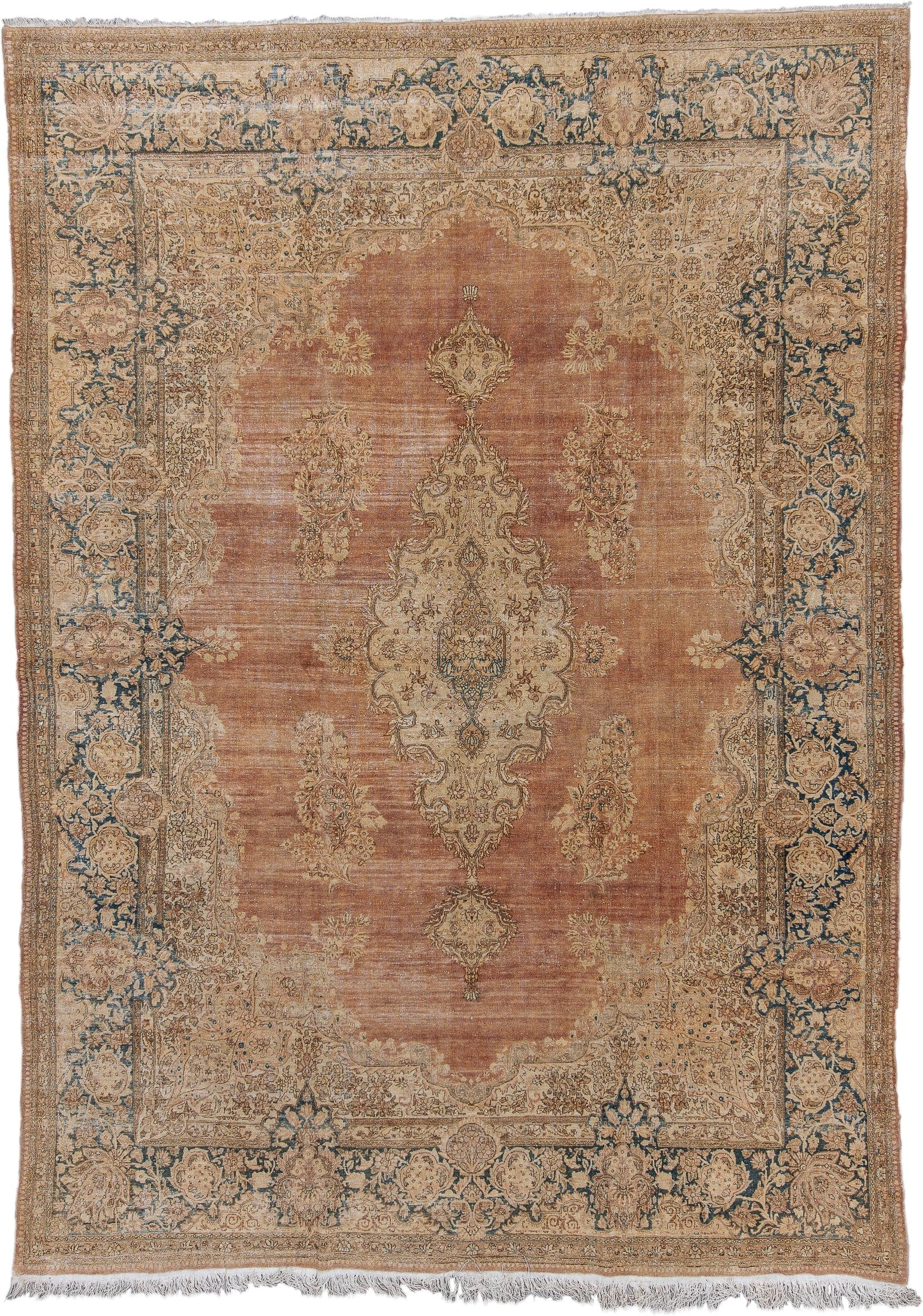 8' x 11' one-of-a-kind handmade antique Kerman large size rug. Color palette: rose, ivory, beige, navy, taupe, camel, brown