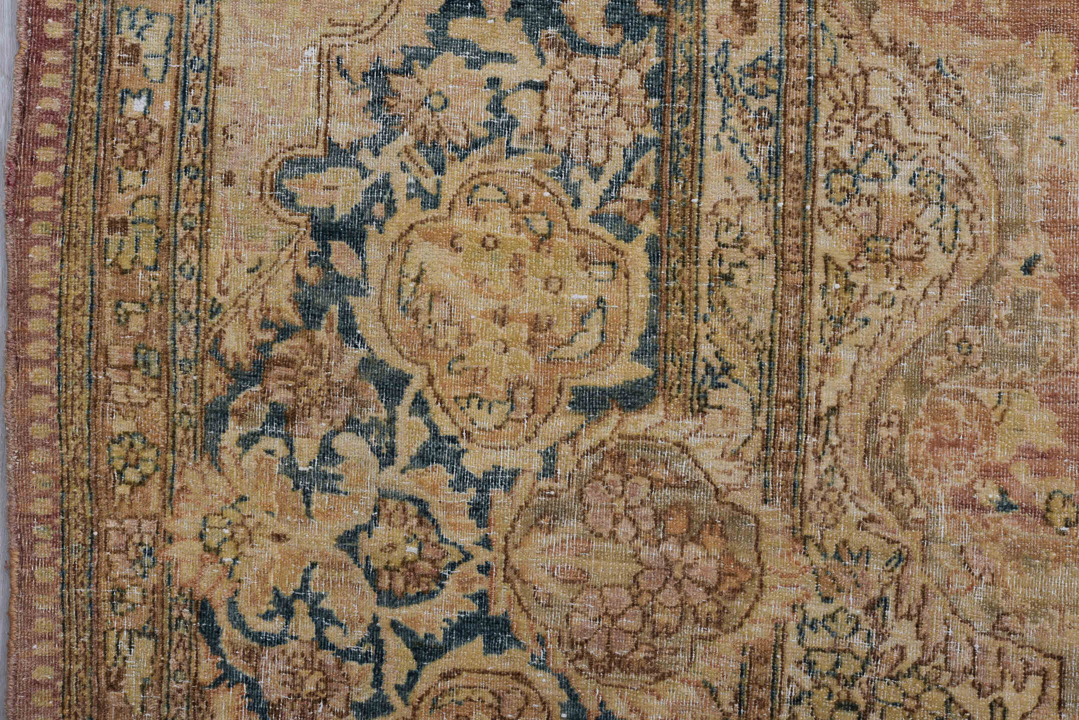 8' x 11' one-of-a-kind handmade antique Kerman large size rug. Color palette: rose, ivory, beige, navy, taupe, camel, brown