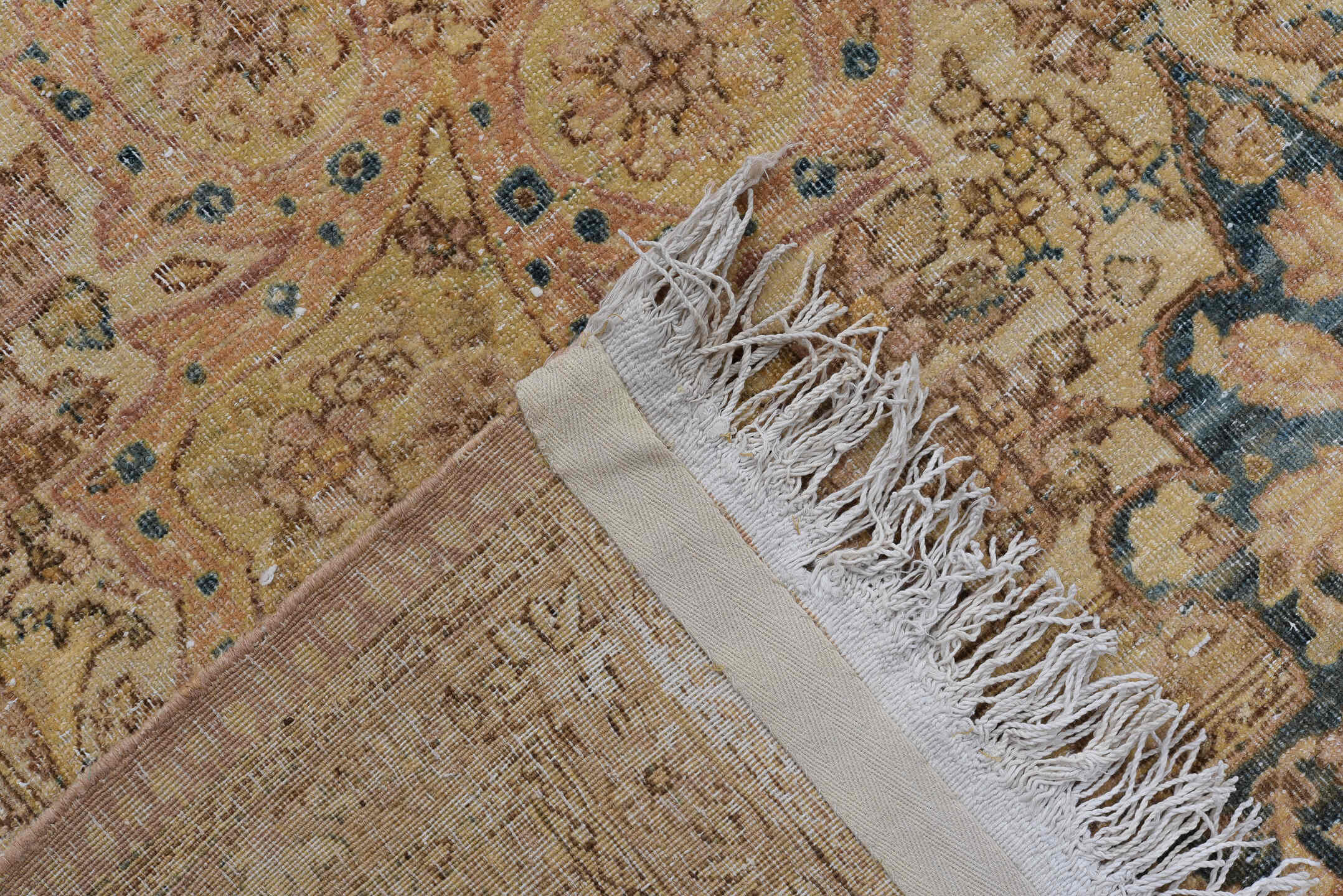 8' x 11' one-of-a-kind handmade antique Kerman large size rug. Color palette: rose, ivory, beige, navy, taupe, camel, brown