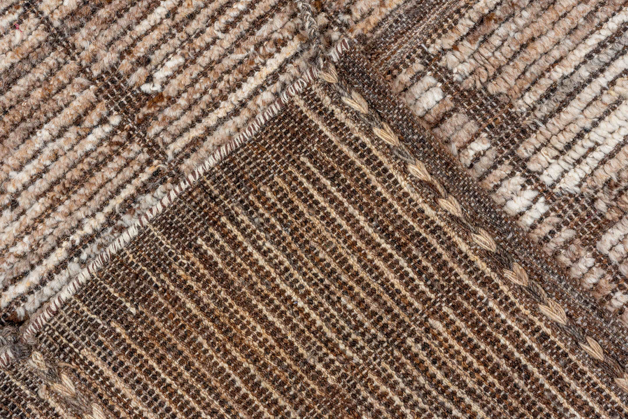 8' x 10' one-of-a-kind handmade vintage Tulu large size rug. Color palette: ivory, taupe, brown, camel, cream, beige, gray