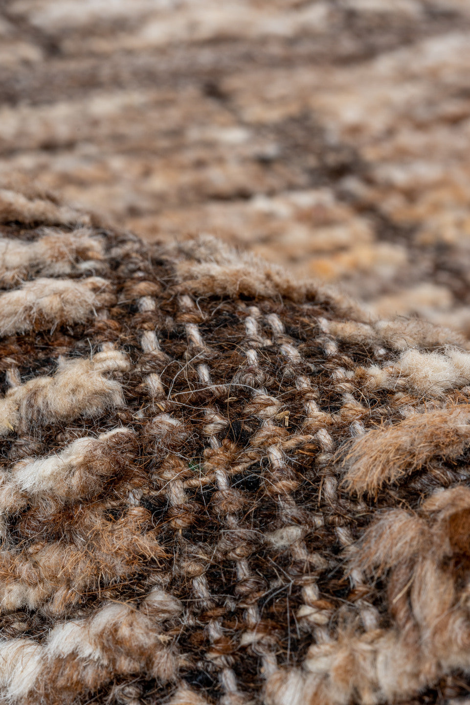 8' x 10' one-of-a-kind handmade vintage Tulu large size rug. Color palette: brown, gray, light gray, off-white, pink