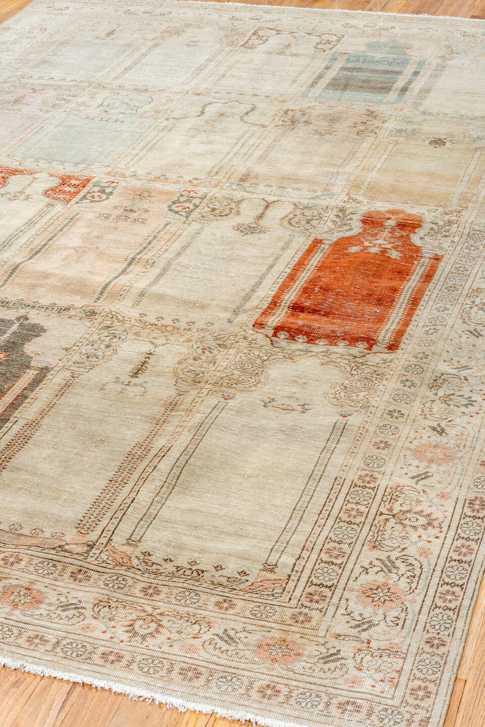 6' x 9' one-of-a-kind handmade antique Kaisary medium size rug. Color palette: ivory, cream, taupe, sage, blush, rust