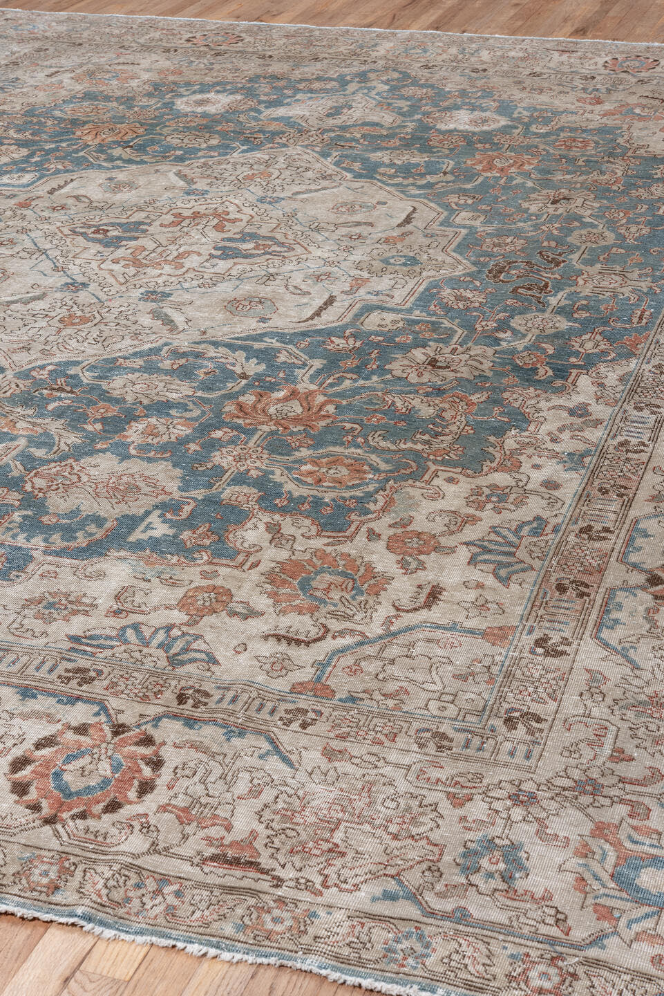 10' x 12' one-of-a-kind handmade vintage Tabriz large size rug. Color palette: ivory, teal, taupe, camel, rose, slate, brown