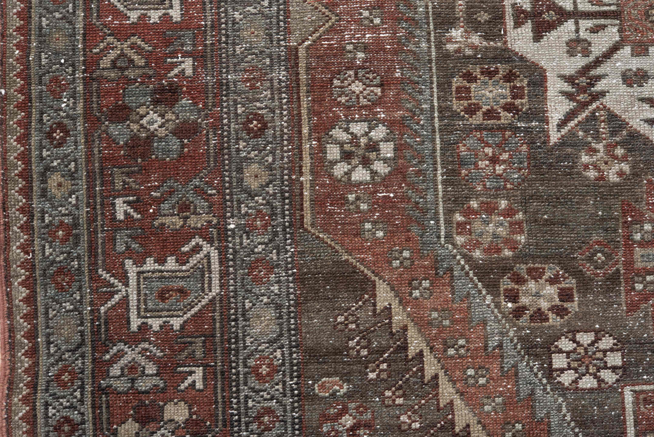4' x 6' one-of-a-kind handmade vintage Malayer small size rug. Color palette: black, brown, gray, light gray, off-white