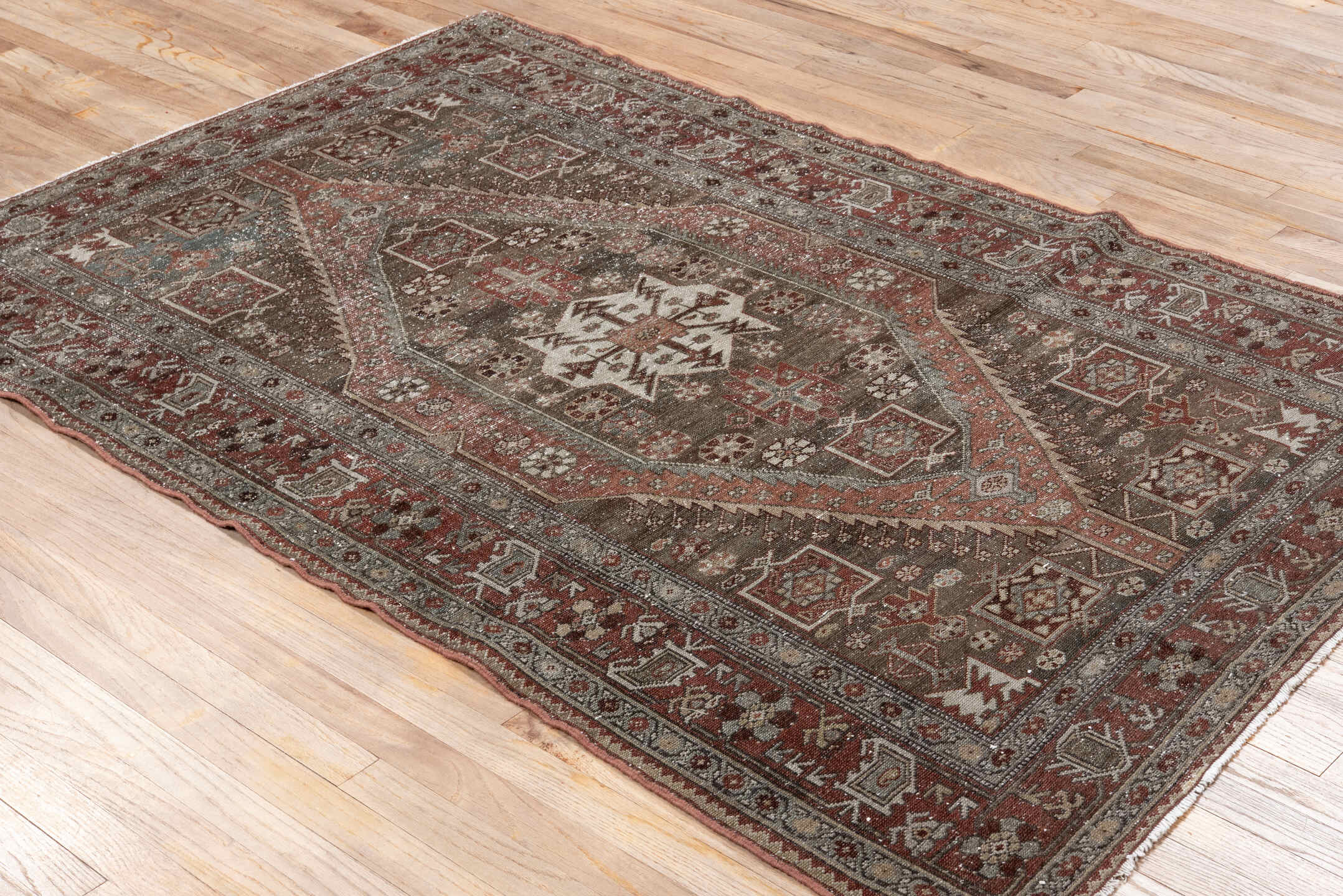4' x 6' one-of-a-kind handmade vintage Malayer small size rug. Color palette: brown, rust, ivory, burgundy, taupe
