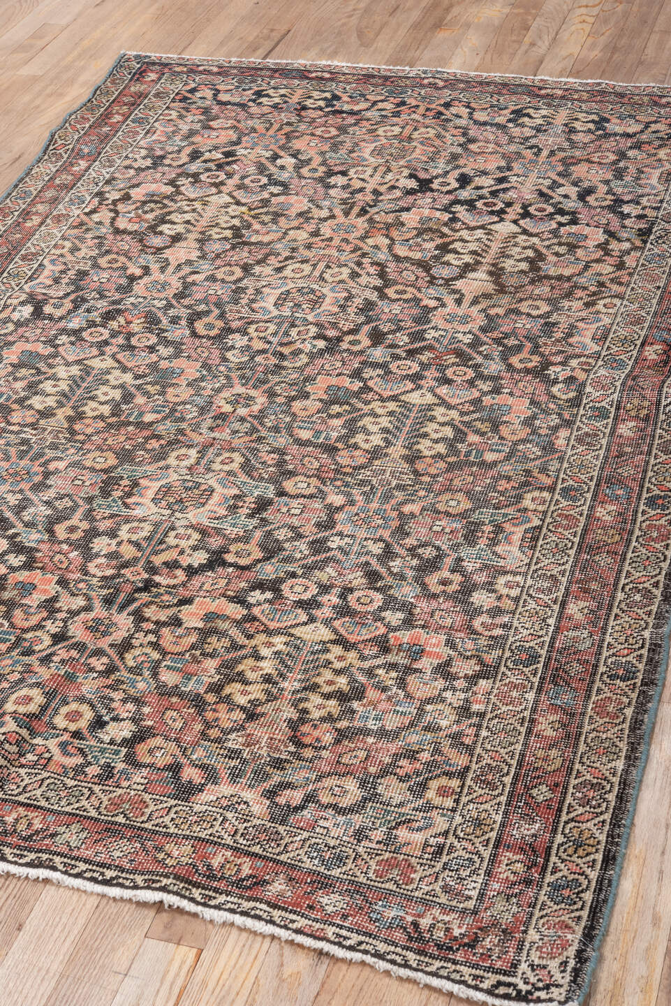 4' x 6' one-of-a-kind handmade antique Farahan small size rug. Color palette: ivory, charcoal, rose, coral, slate, sky blue