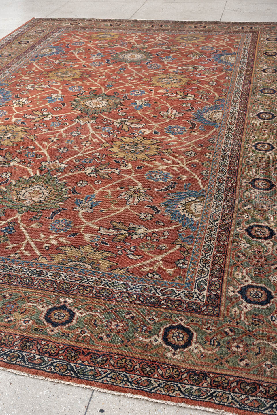 8' x 12' one-of-a-kind handmade vintage Sultanabad large size rug. Color palette: terracotta, sage, ivory, gold, navy