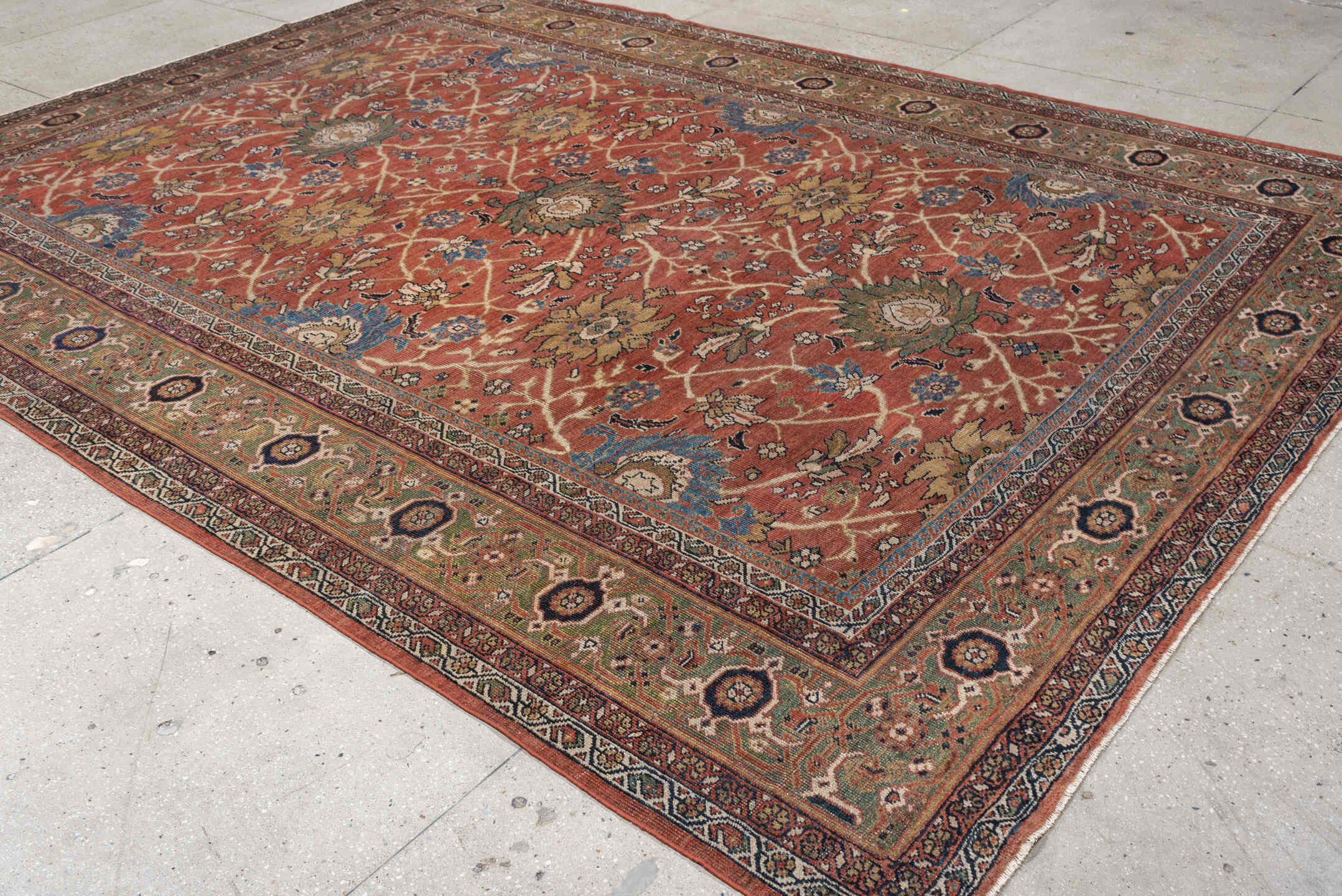 8' x 12' one-of-a-kind handmade vintage Sultanabad large size rug. Color palette: terracotta, sage, ivory, gold, navy
