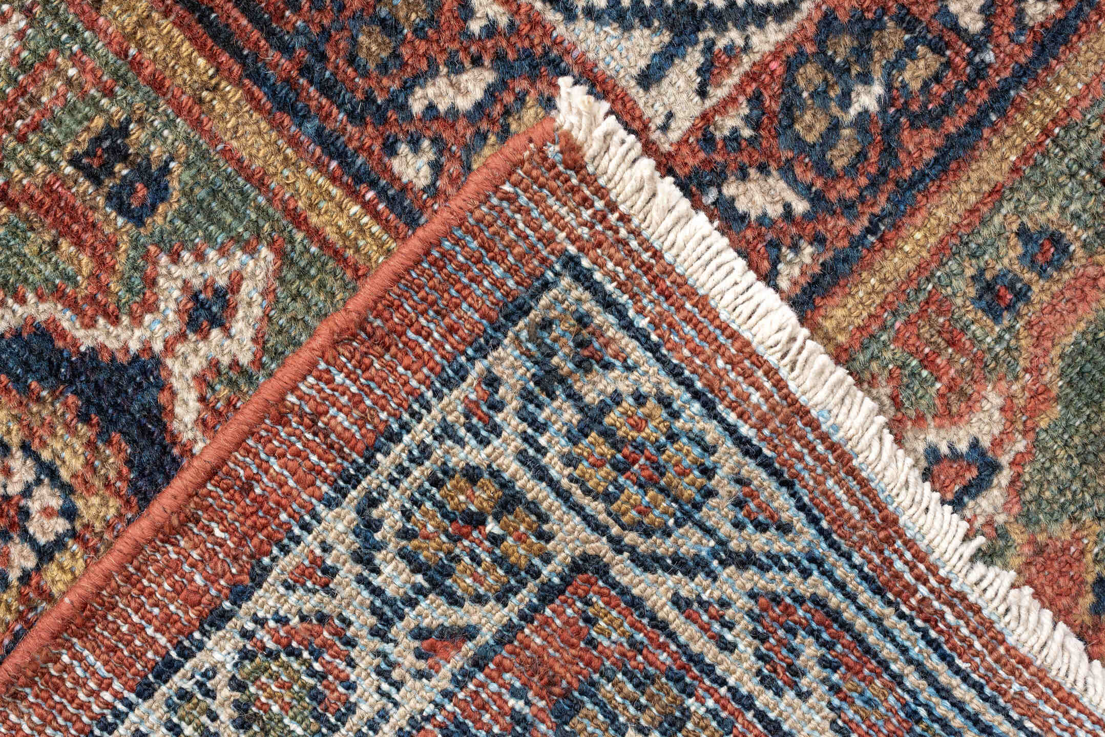 8' x 12' one-of-a-kind handmade vintage Sultanabad large size rug. Color palette: terracotta, sage, ivory, gold, navy
