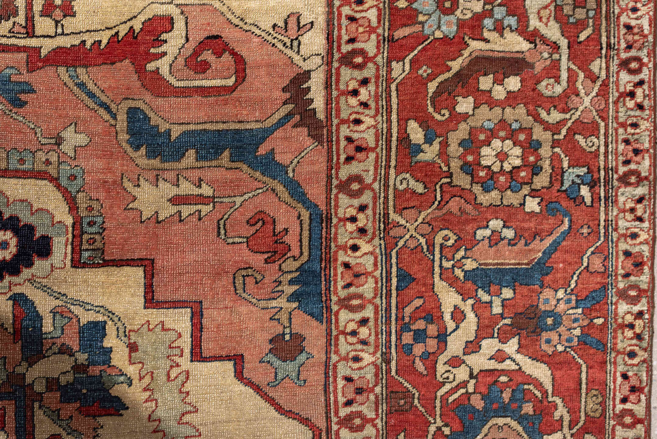 9' x 12' one-of-a-kind handmade vintage Serapi large size rug. Color palette: ivory, terracotta, rose, deep blue, rust