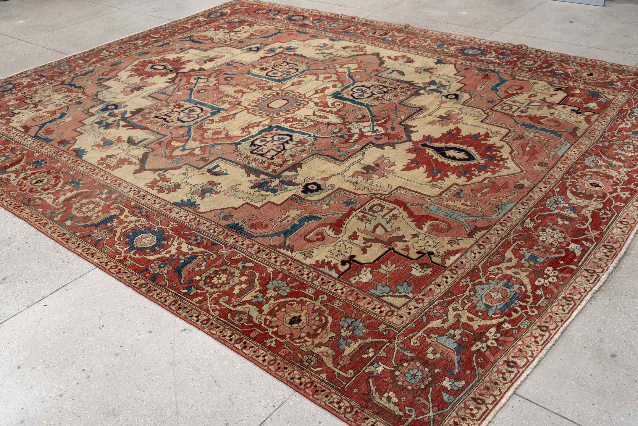 9' x 12' one-of-a-kind handmade vintage Serapi large size rug. Color palette: ivory, terracotta, rose, deep blue, rust