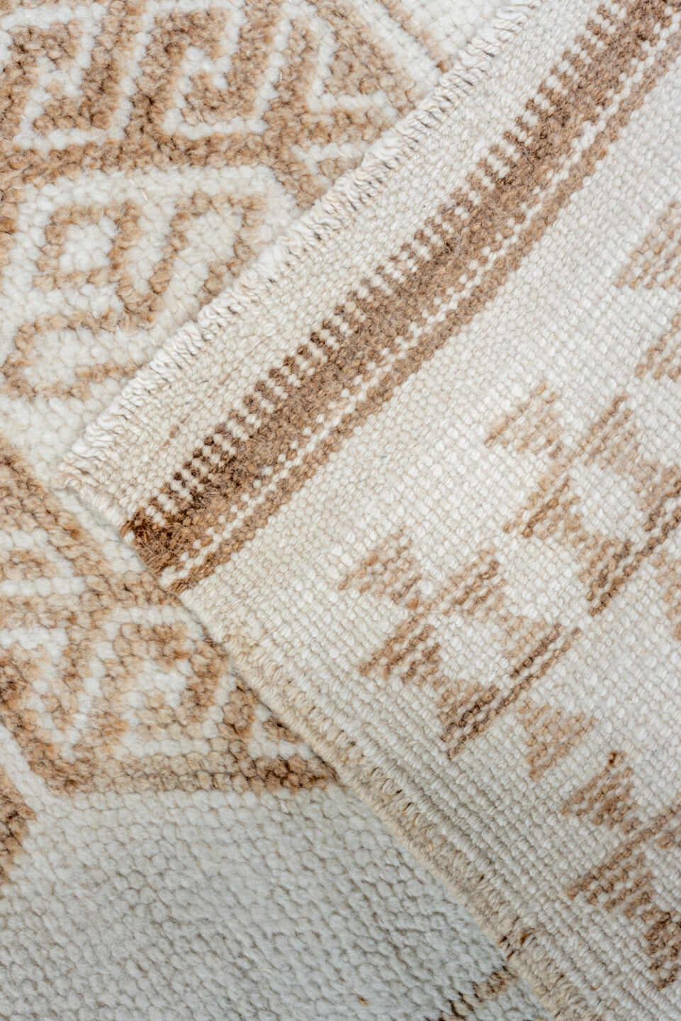 2' x 15' one-of-a-kind handmade vintage Kars runner rug. Color palette: ivory, taupe, beige, camel, sand, gray