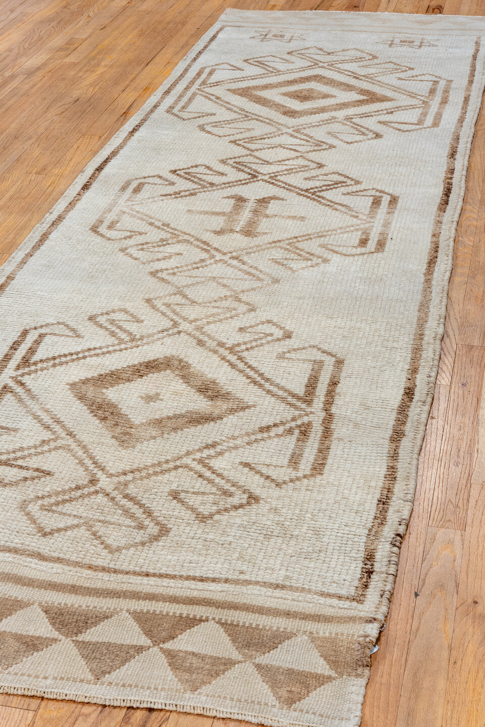 3' x 9' one-of-a-kind handmade vintage Kars runner rug. Color palette: antiquewhite, brown, gray, light gray, linen
