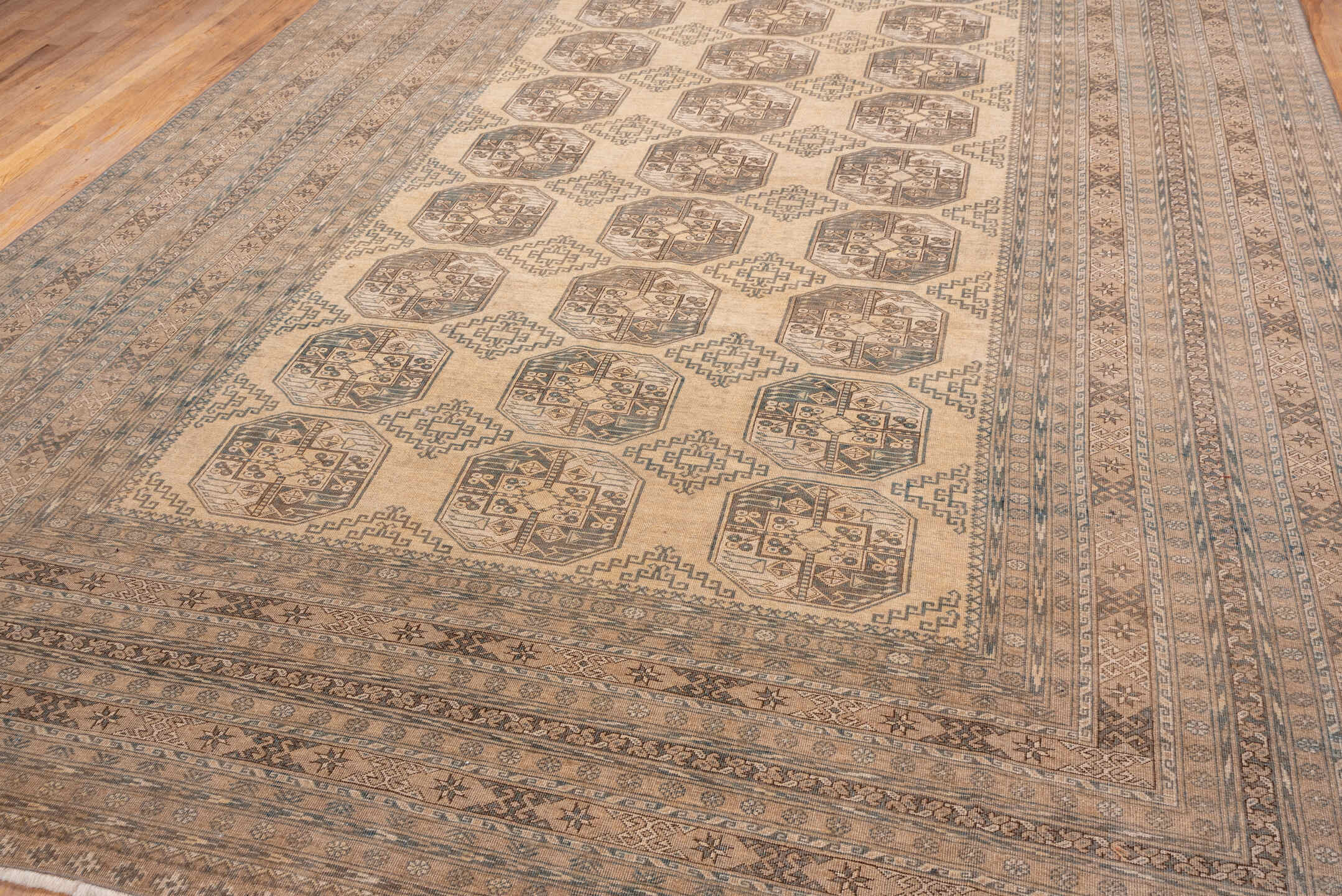 10' x 13' one-of-a-kind handmade vintage Afghan large size rug. Color palette: camel, taupe, brown, ivory, charcoal, beige