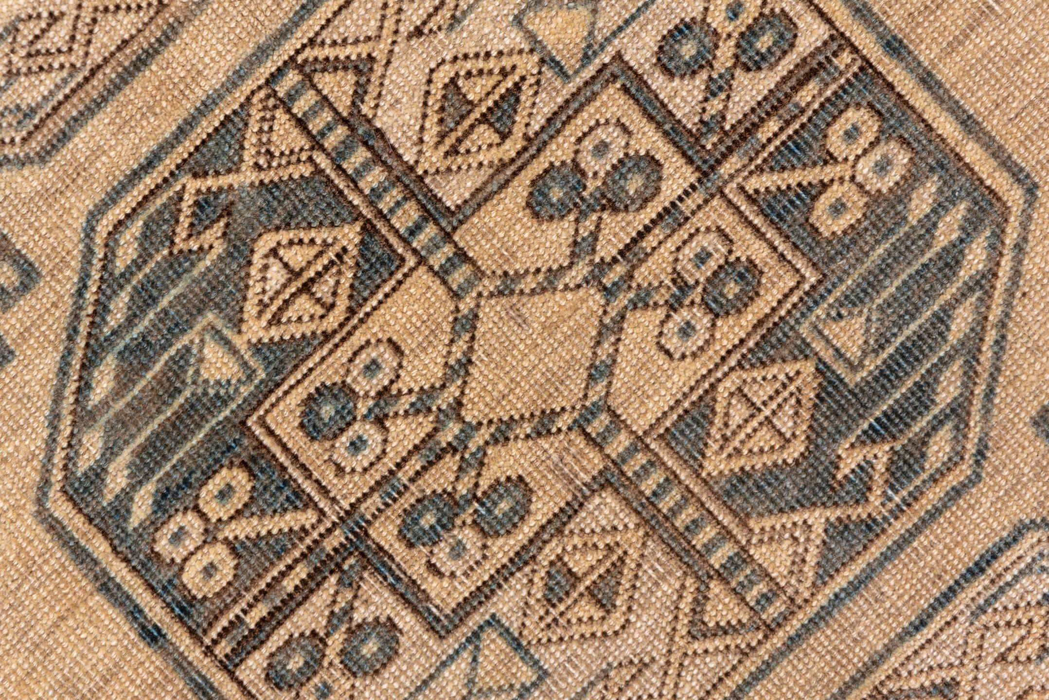 10' x 13' one-of-a-kind handmade vintage Afghan large size rug. Color palette: camel, taupe, brown, ivory, charcoal, beige