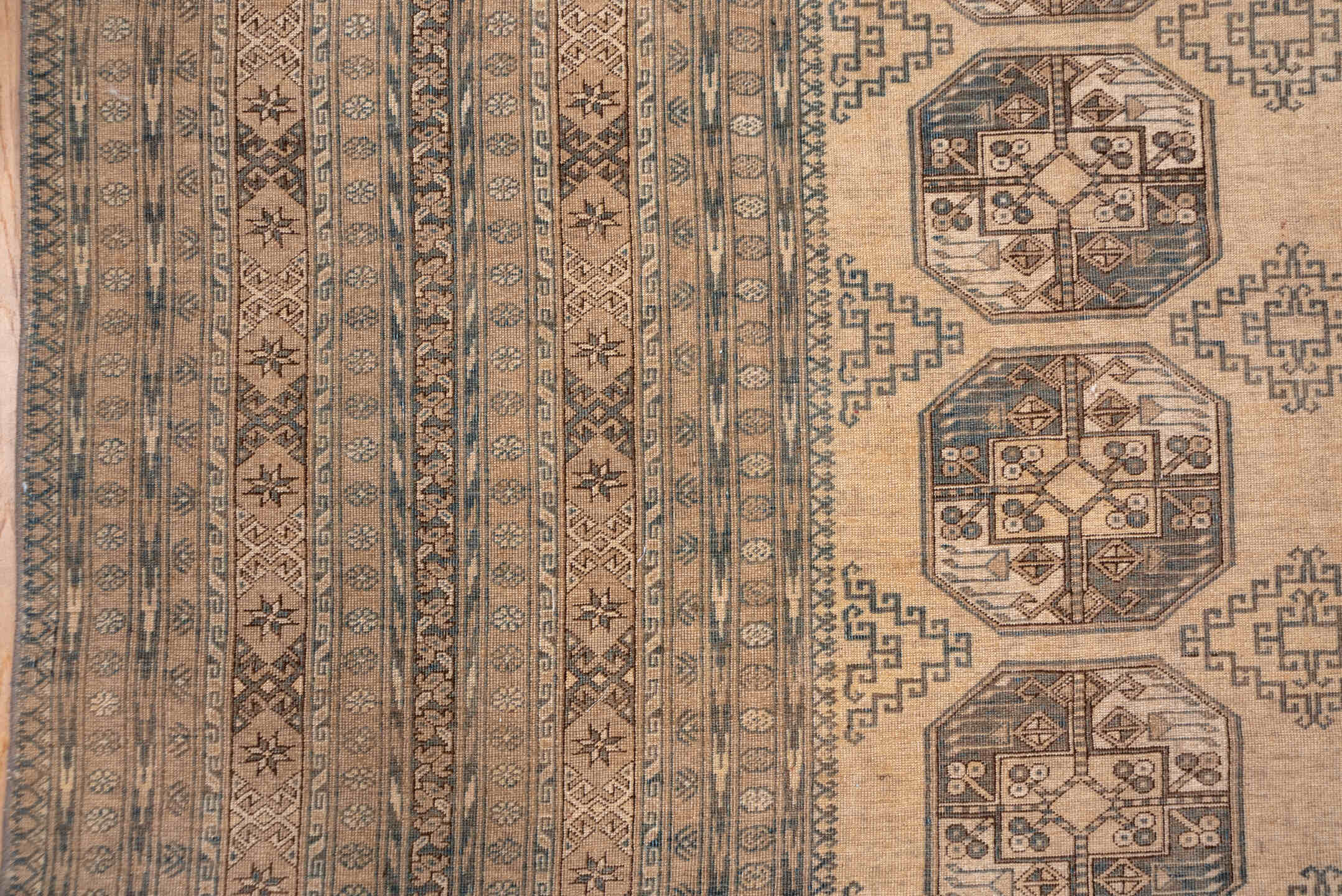 10' x 13' one-of-a-kind handmade vintage Afghan large size rug. Color palette: camel, taupe, brown, ivory, charcoal, beige