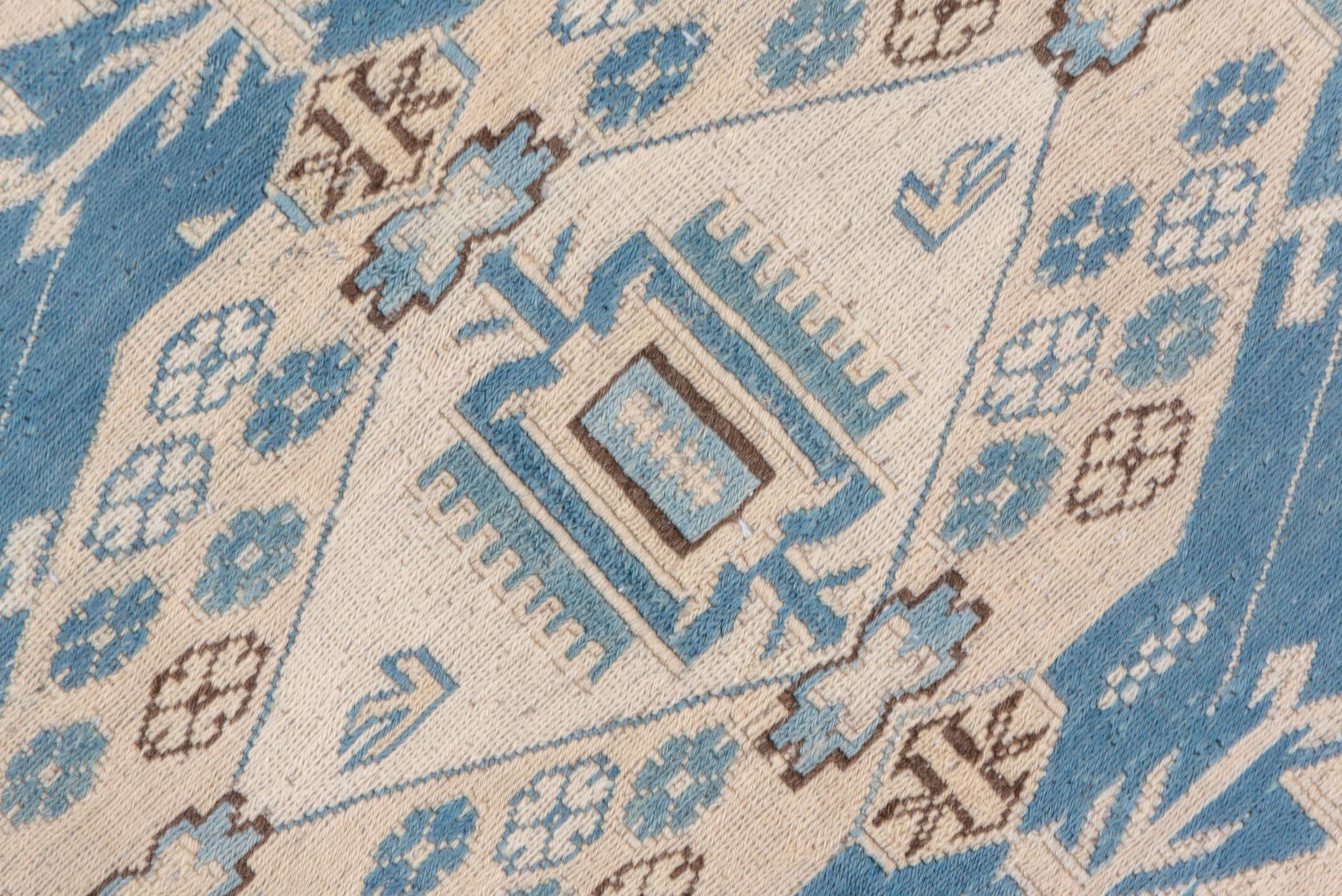 7' x 7' one-of-a-kind handmade vintage Sumak rug. Color palette: ivory, sky blue, taupe, brown, light blue, beige, gray