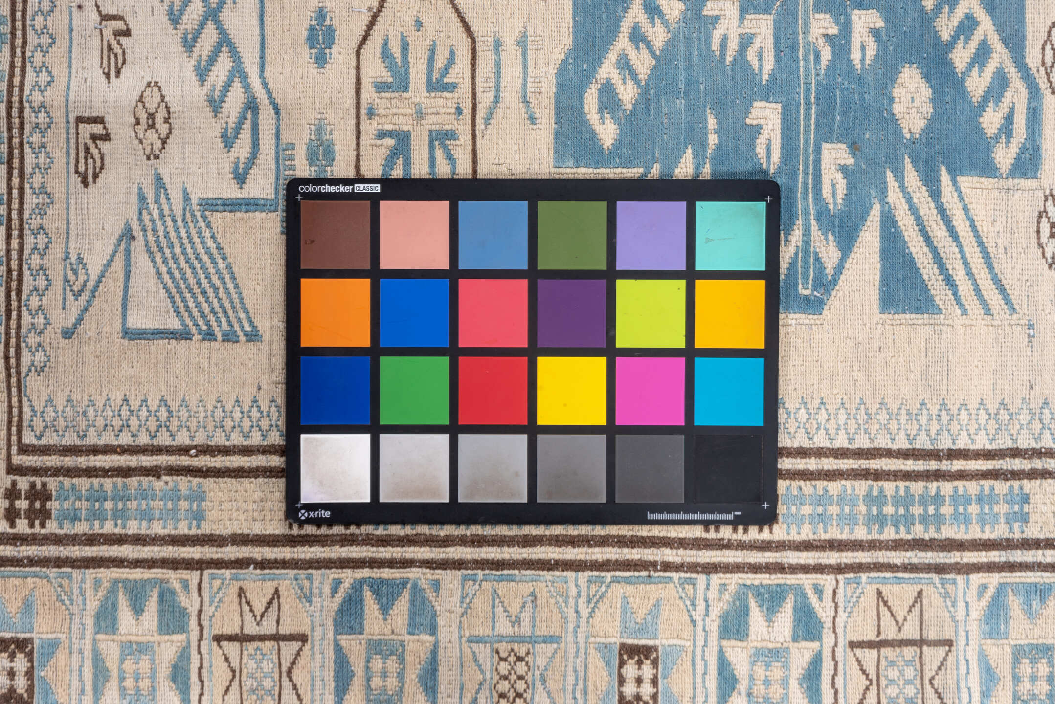 7' x 7' one-of-a-kind handmade vintage Sumak rug. Color palette: blue, dark gray, gray, light blue, light gray