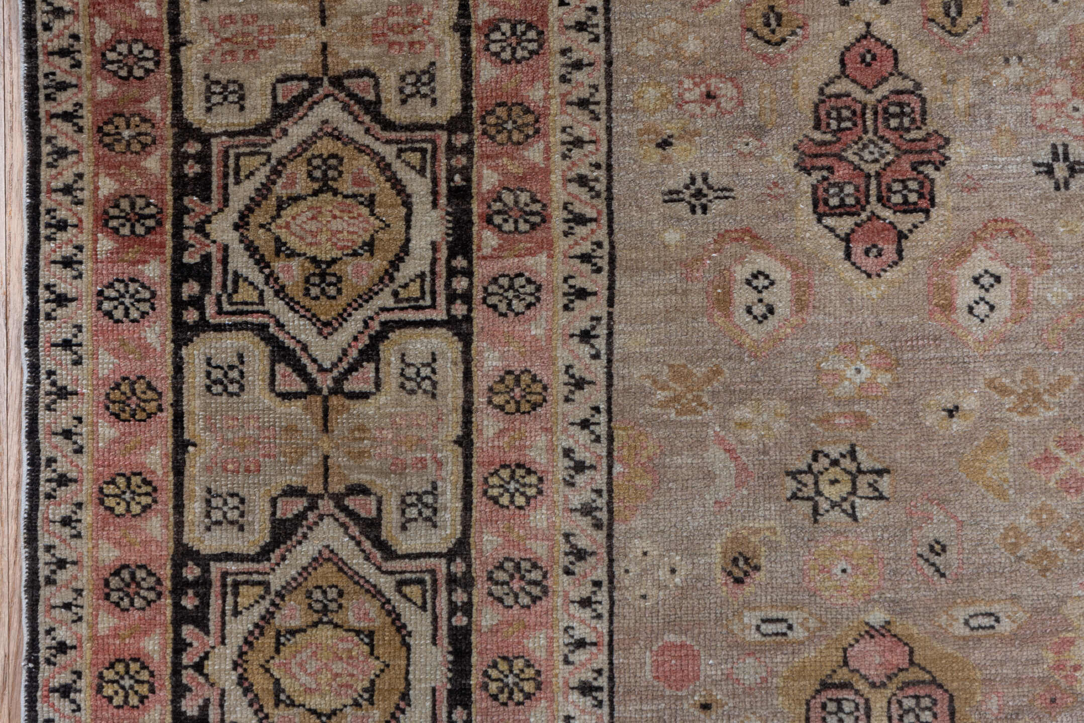 5' x 7' one-of-a-kind handmade vintage Oushak rug. Color palette: beige, rose, taupe, brown, ivory, rust, charcoal, gold