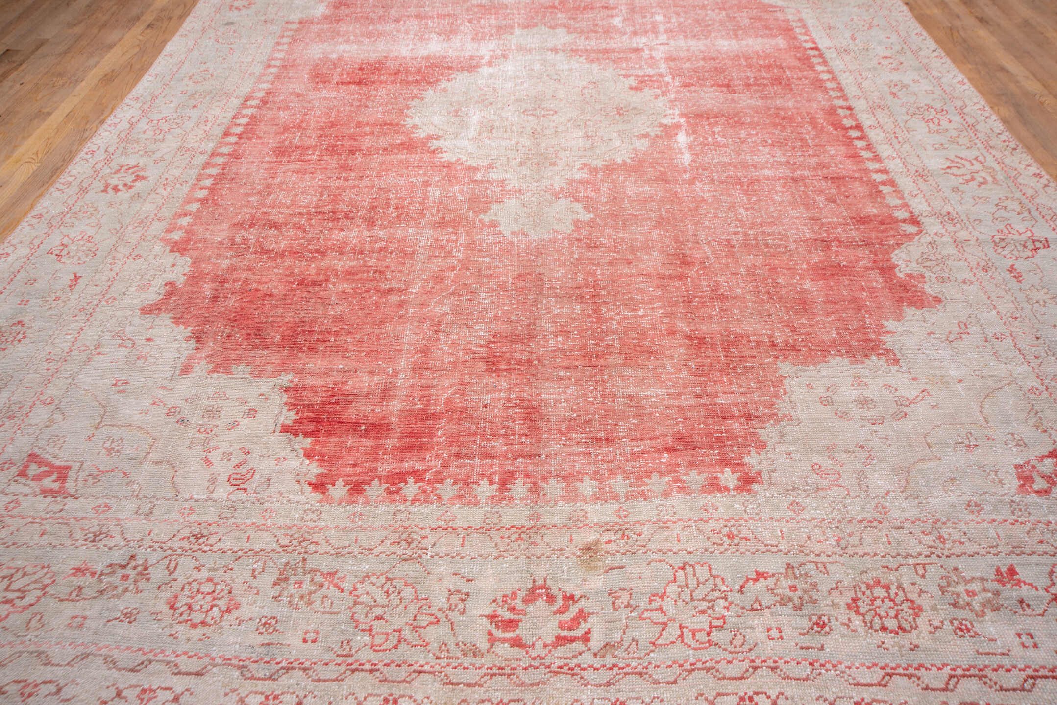 10' x 14' one-of-a-kind handmade vintage Oushak large size rug. Color palette: coral, ivory, blush, rose, taupe, terracotta